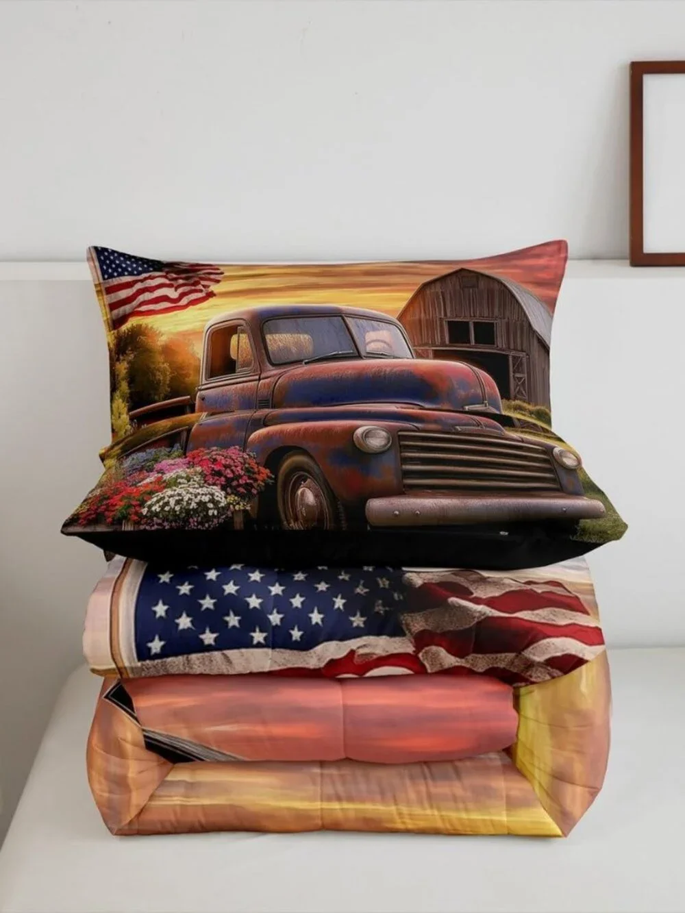Vintage Truck Kids Comforter Queen,Village Barn Cabin Style Bedding Set for Teen